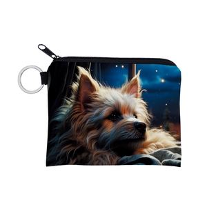 Detail of cute Yorkshire Terrier print coin purse with a sturdy silver metal keychain ring