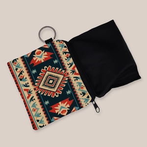 Aztec print coin purse with colorful geometric ethnic patterns and a silver metal keychain