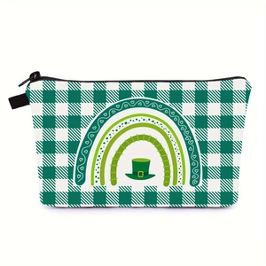 Detail of St. Patrick's Day makeup bag showing green plaid texture and rainbow print