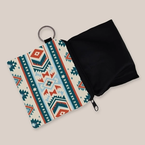 Aztec print coin purse with keychain and foldable internal shopping bag accessory