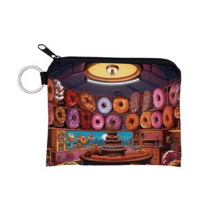 Detail of doughnut print coin purse with silver metal keychain and black zipper closure