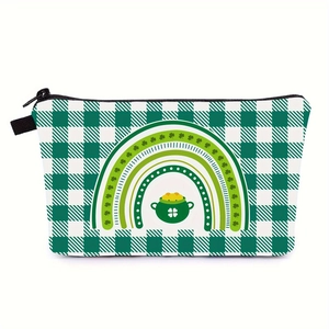 Close-up of Saint Patrick's Day makeup bag with green rainbow and gold coin pot print
