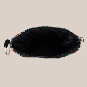 Macro view of portable coin purse showing Aztec pattern, black lining, and metal keychain