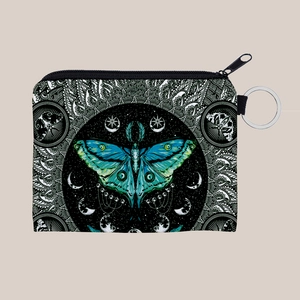Detail view of moon moth coin purse featuring a black zipper and round silver keychain