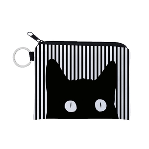 Striped cat print coin purse with keychain and zipper closure for women and girls