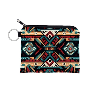 Aztec print coin purse with zipper and metal keychain ring for women and girls