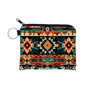 Aztec print coin purse with a durable metal keychain and secure zipper closure