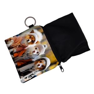 Detail of dog print coin purse with metal zipper and silver keychain ring for girls