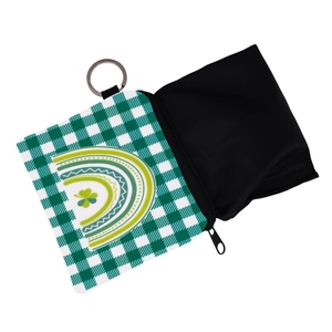 Detail of St. Patrick's Day coin purse featuring green gingham and shamrock rainbow