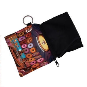 Close-up of donut print coin purse showing durable zipper and keychain clip detail