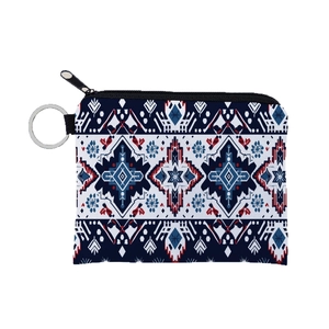 Navy and red Aztec print coin purse with durable canvas fabric and a metal keychain ring