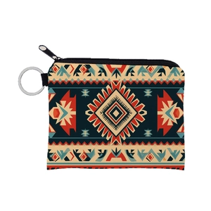 Portable Aztec pattern coin purse with metal keychain and canvas fabric material