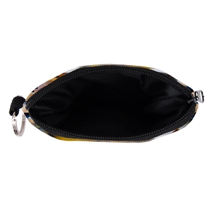Top view of compact dog print coin purse with black lining and durable metal keychain