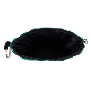 Internal view of green clover pattern coin purse showing black lining and silver keychain