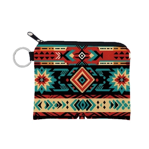 Aztec print coin purse with colorful geometric patterns and metallic key ring loop