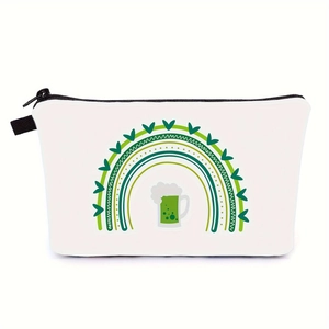 Detail of St. Patrick's Day makeup bag showing green beer rainbow print and black zipper