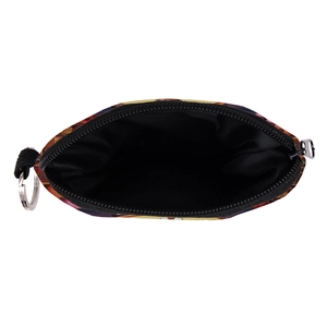 Detail of the doughnut print coin purse featuring black zipper and metal key ring attachment