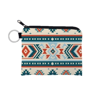 Aztec tribal pattern coin purse with metal zipper and silver keychain ring for women