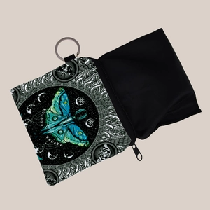 Vintage butterfly print coin purse with celestial moth pattern and silver keychain ring