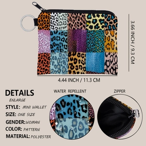 Waterproof leopard print mini wallet with metal keychain and secure black zipper for women