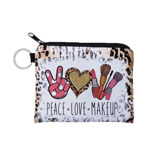 Portamonete Peace Love Makeup portatile con stampa leopardata e anello portachiavi