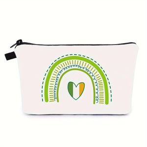 Detail of the high-quality zipper and green rainbow heart print on the makeup bag