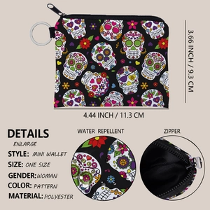 Mini porte-monnaie en polyester imperméable avec imprimé crâne coloré et porte-clés