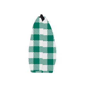 Detail of green and white plaid makeup bag showing the smooth zipper and textile texture