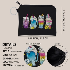 Black polyester mini wallet with cute unicorn print, featuring a zipper and keychain hook