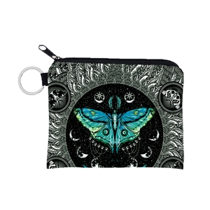 Vintage butterfly print coin purse with zipper and metal keychain for women and girls