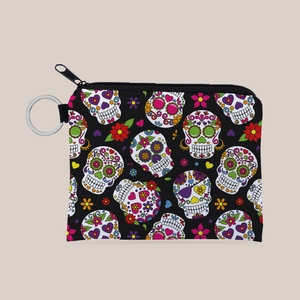 Porte-monnaie avec Imprimé Tête de Mort Coloré Porte-clés Portable en Polyester Mini Portefeuille à Fermeture Éclair pour Femmes Filles Cadeau