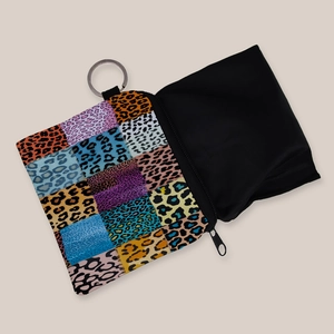 Colorful leopard print coin purse with metal keychain and matching black fabric