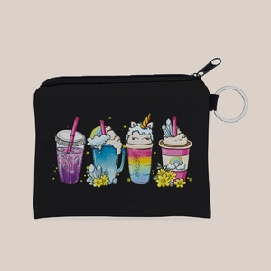 Detail of black canvas coin purse with colorful drink illustrations and metal keychain ring