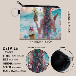 Portable mermaid print mini coin purse with keychain, waterproof polyester fabric