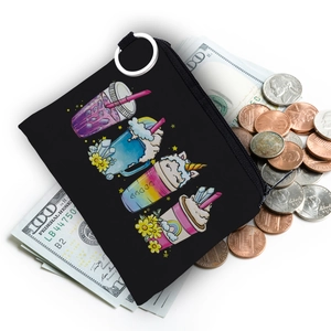 Close-up of black canvas coin purse with cute cartoon prints and metal keychain ring