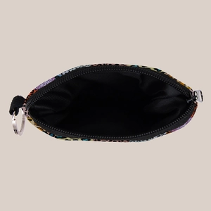Macro view of leopard print coin purse with metal keychain and black interior lining