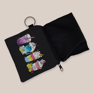 Cute cartoon print mini canvas coin purse with zipper and metal keychain for women