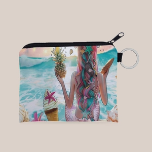 Close-up of mermaid print coin purse with a black zipper and stainless steel keychain
