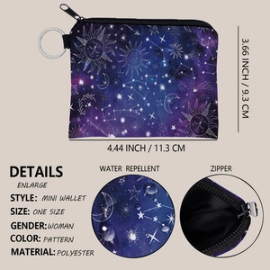 Starry sky moon and sun print mini coin purse with keychain for women in blue purple