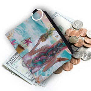 Mermaid pattern coin purse with metal keychain ring on cash and coins background