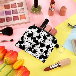 Portable panda print fabric coin purse and makeup bag with metal keychain for women