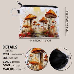 Mini polyester coin purse with colorful mushroom prints and metal keychain ring