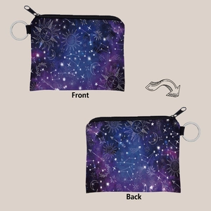 Front and back detail of celestial star and moon print coin purse with silver keychain