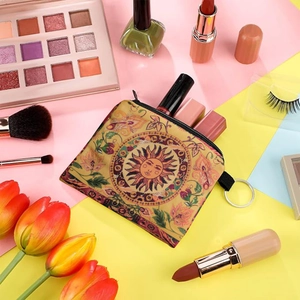 Artistic sun and floral print canvas coin purse with zipper closure and keychain