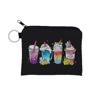 Cute black coin purse with colorful cartoon drink prints and metal keychain ring