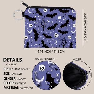 Purple Halloween mini coin purse with bat and skull prints, features water-resistant fabric
