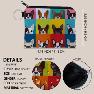 French Bulldog print mini coin purse with top zipper and metal keyring for women
