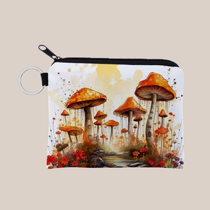 Mushroom Print Coin Purse Polyester Mini Wallet With Keychain Portable Watercolor Zipper Pouch For Women Girls Gift