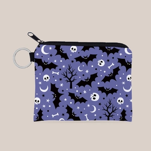 Halloween Theme Polyester Coin Purse Purple Bat Skull Print Mini Zipper Wallet Metal Ring Waterproof Small Pouch Bag Women
