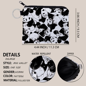 Detail view of panda print polyester coin purse with waterproof texture and dimensions